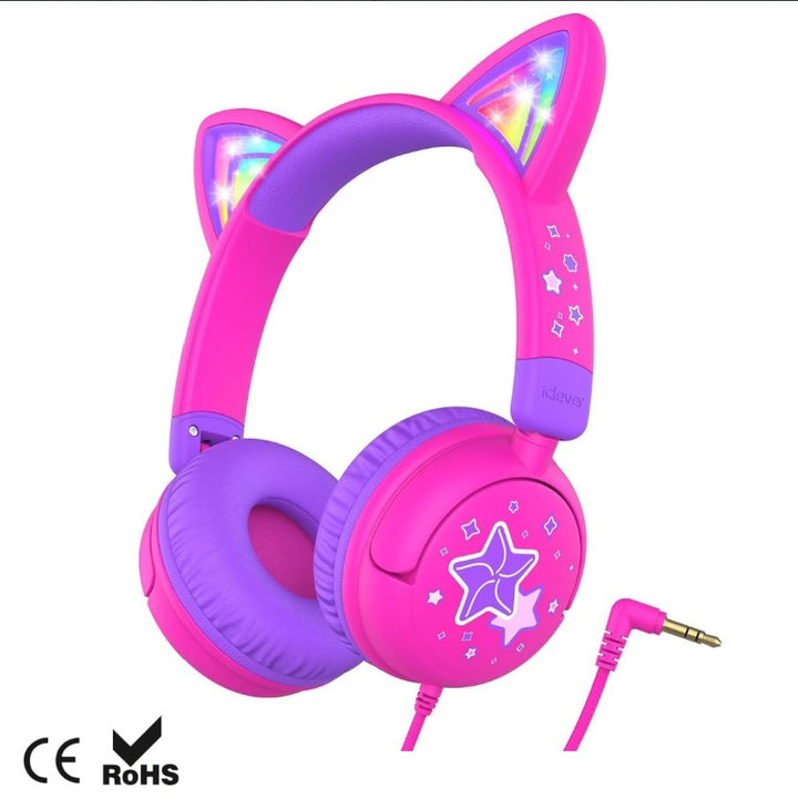 Headphones Cat Ear, LED Light Up, Safe Volume, Stereo Sound, Foldable 3.5mm Wire Connection, Suitable For IPad Tablets