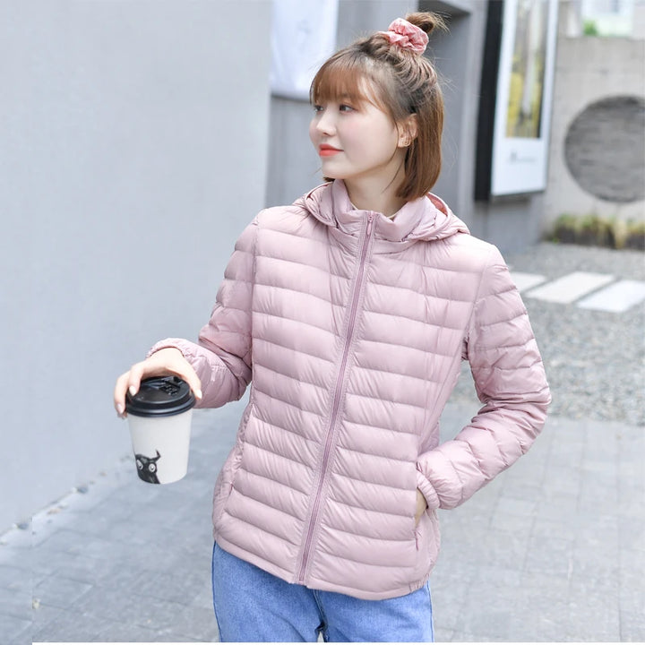 Women Ultra Light Down Jacket 90% White Duck Down Spring Outwear Hat Detachable Puffer Jacket Slim Coat Female Clothing