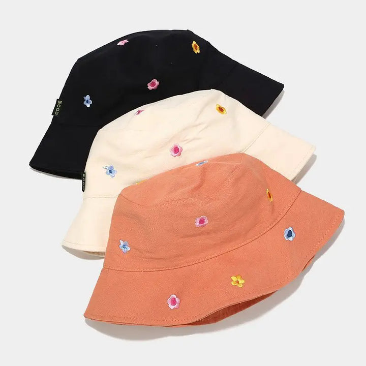 Cotton Flower Embroidery Bucket Hat - Stylish & Versatile