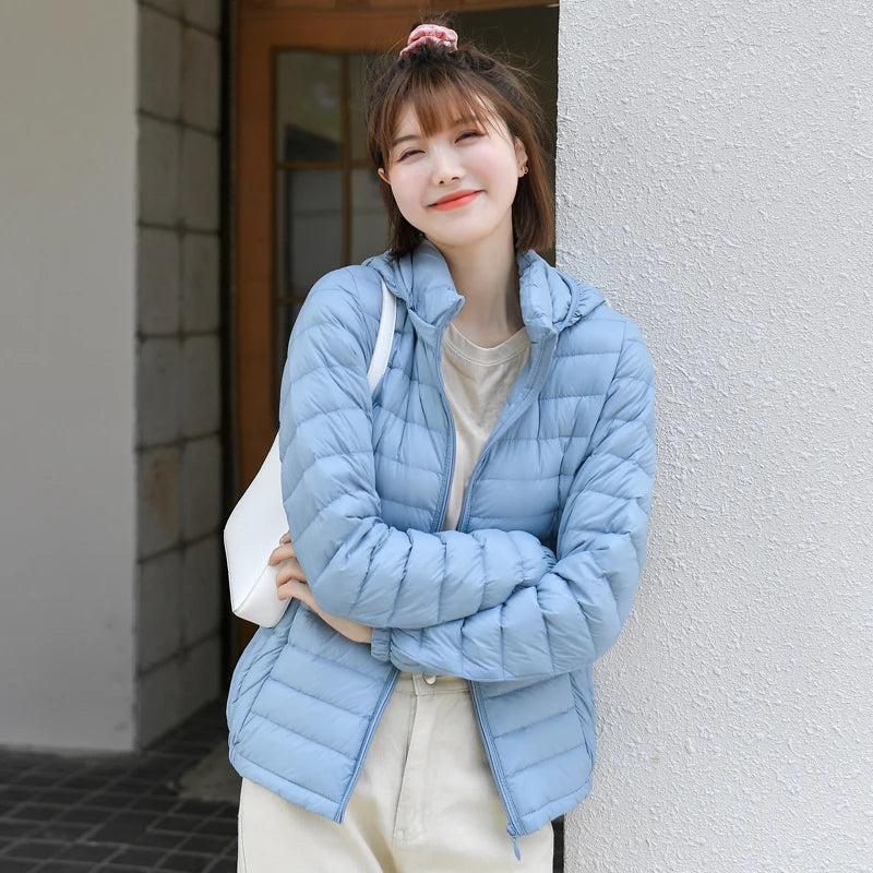 Women Ultra Light Down Jacket 90% White Duck Down Spring Outwear Hat Detachable Puffer Jacket Slim Coat Female Clothing