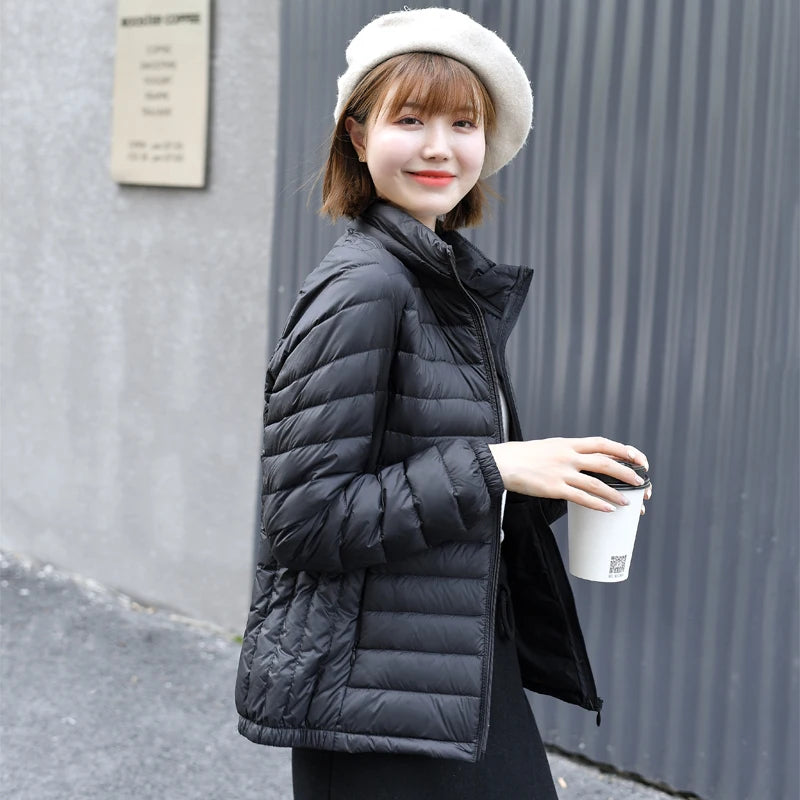 Women Ultra Light Down Jacket 90% White Duck Down Spring Outwear Hat Detachable Puffer Jacket Slim Coat Female Clothing