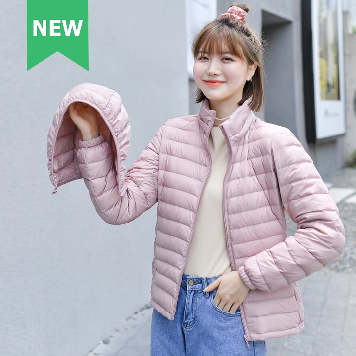 Women Ultra Light Down Jacket 90% White Duck Down Spring Outwear Hat Detachable Puffer Jacket Slim Coat Female Clothing