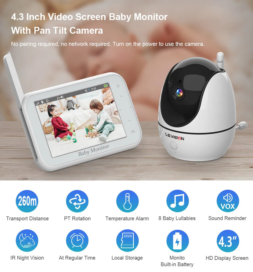 LS VISION 4.3 Inch Video Baby Monitor With Pan Tilt Camera 2.4G Wireless Two Way Audio Night Vision Security Cameras Babysitter