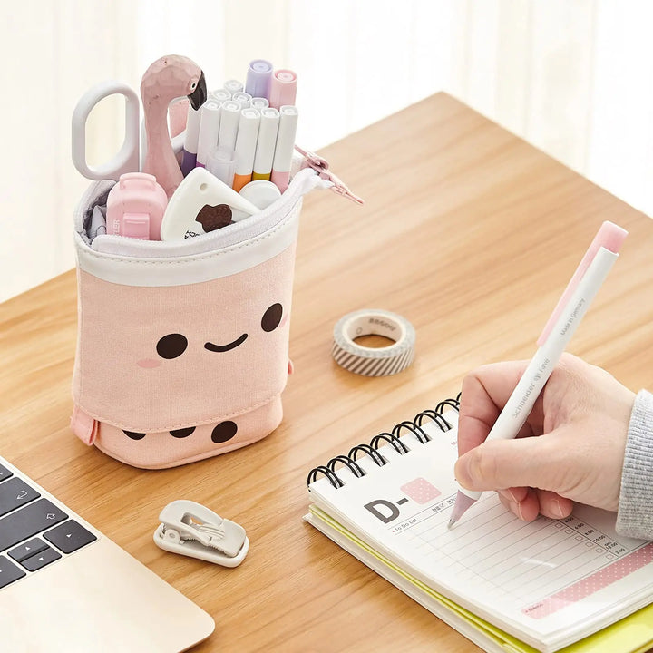 Standing Milk Tea Pencil Case Cute Telescopic Pen Holder Stationery Pouch Pen Box for School Students Office Supplies Pencil Bag