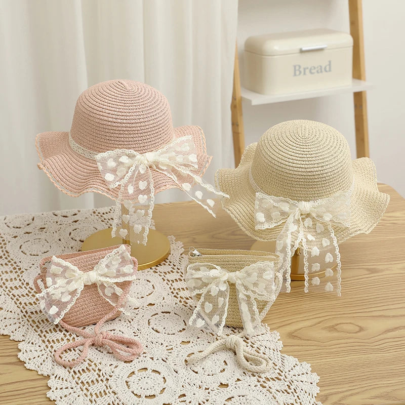 Pudcoco Infant Girl Summer Straw Hat and Bag Set Lace Bow Wide Brim Cap with Shoulder Bag for Beach