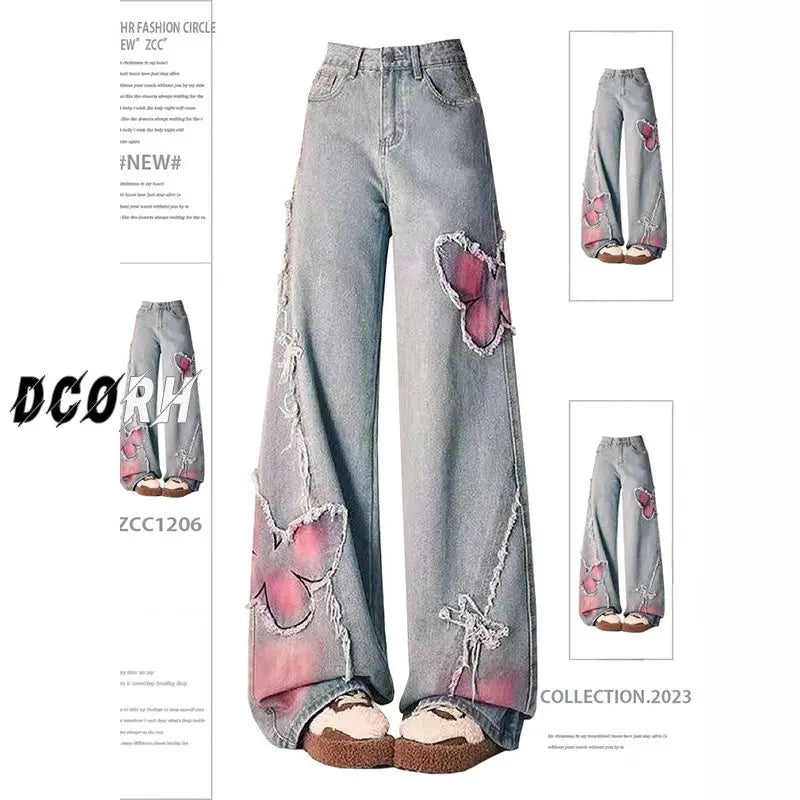 American Tie-dye Butterfly Embroidery Raw-edge Jeans for Women Fashion Street Hot Girl Wide Leg Pants Y2k Loose Mopping Pants