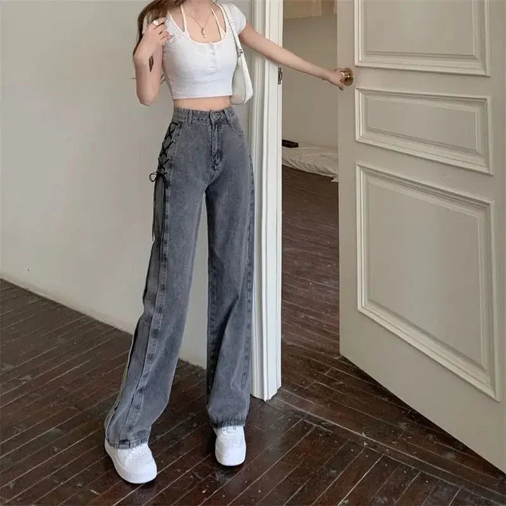 Design niche lace-up jeans for women 2024 spring and summer high waist loose straight high street ins trendy wide-leg pants