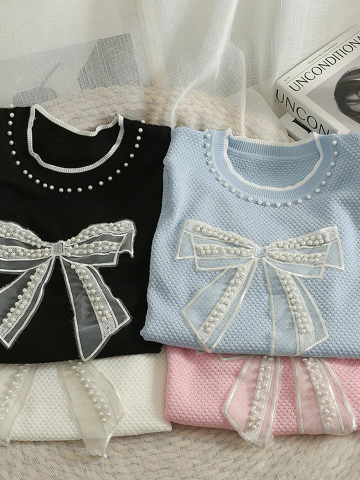 Korean version nail bead mesh bow round neck short sleeve top women's 2022 new waist closing thin knitted T-shirt