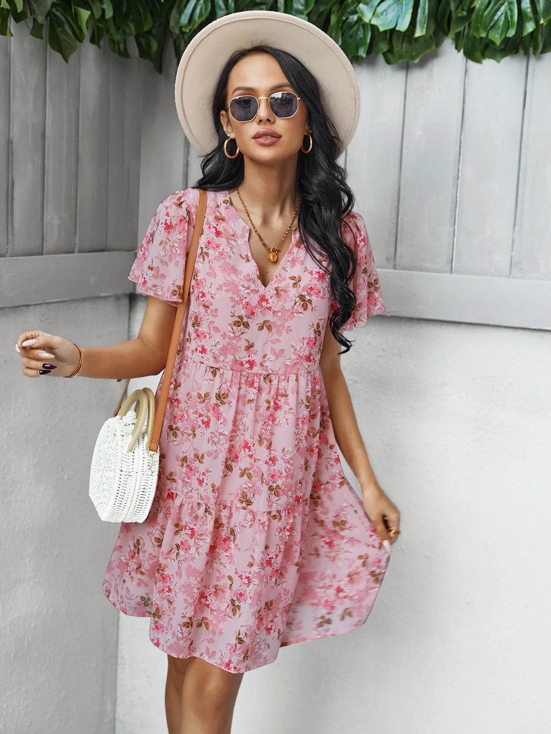 High Quality 2024 Spring Summer Stand Up Collar V-neck Chiffon Printed A-line Dress with Flying Sleeves Elegant Dress Vestidos