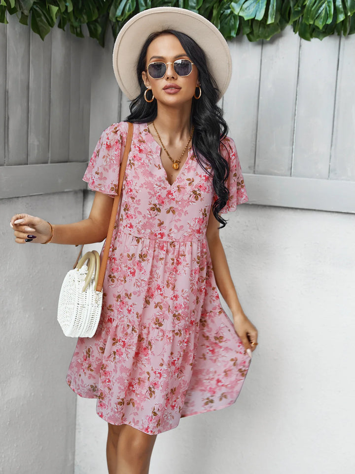 High Quality 2024 Spring Summer Stand Up Collar V-neck Chiffon Printed A-line Dress with Flying Sleeves Elegant Dress Vestidos