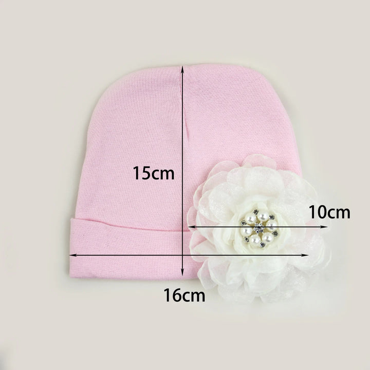 0-6Months Newborn Cotton Bonnet with Chiffon Flower Diamond Baby Girls Hospital New Born Hat Pink White Beanie Cute Hat for Baby