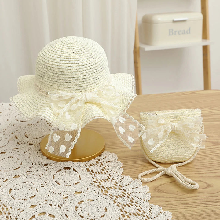 Pudcoco Infant Girl Summer Straw Hat and Bag Set Lace Bow Wide Brim Cap with Shoulder Bag for Beach