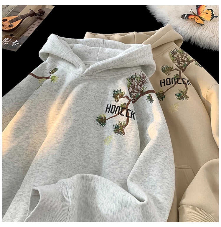 Retro Men Hoodies Letter Embroidered Oversized Hoodie Fashion Loose Pullover Hip Hop Hooded Sweatshirt Man Women Clothing