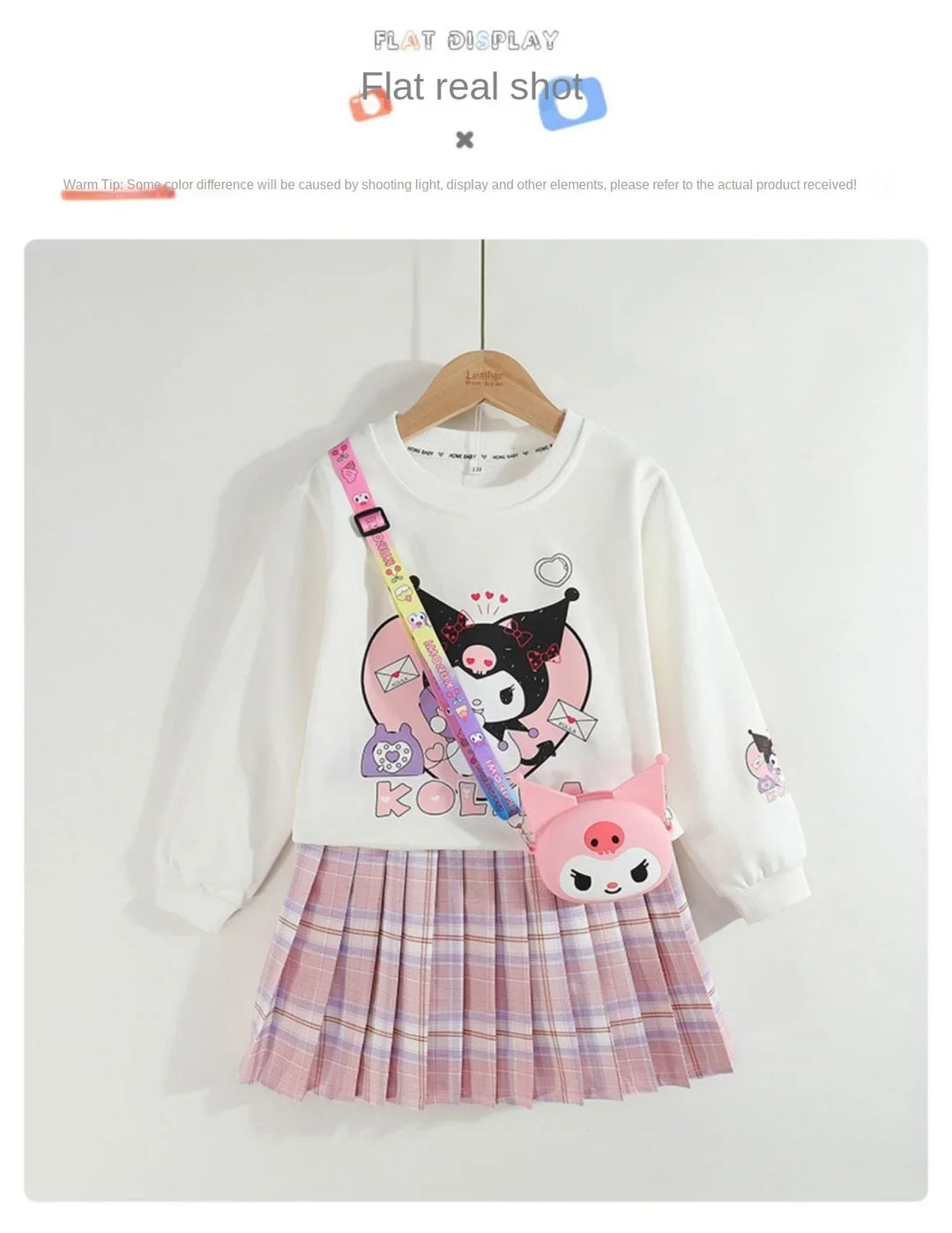 Children Clothes Set Spring Autumn Kids Kuromi Long Sleeved Sweater Tops+Checkered Pleated Skirt 2pce Teen Girls Preppy Clothing