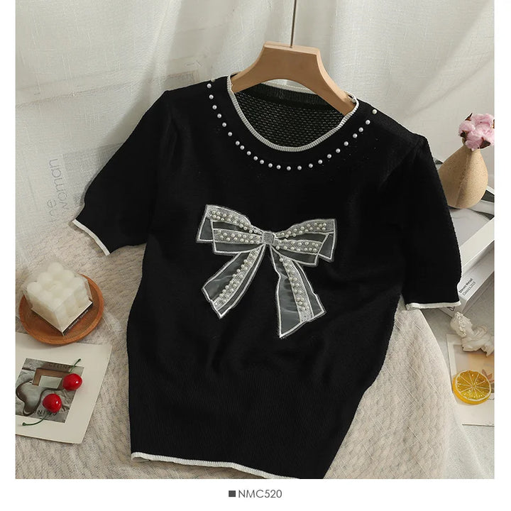 Korean version nail bead mesh bow round neck short sleeve top women's 2022 new waist closing thin knitted T-shirt