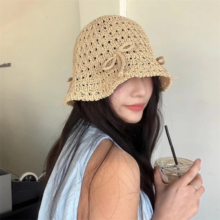 Ins Sweet Bow Hollow Bucket Hats for Women and Men Spring Summer Fashion Versatile Show Face Small Cute Dome Basin Caps