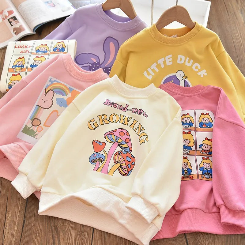 Girls Cartoon Cute Casual Round Neck Hoodie Childrens Girls Clothing For Autumn Cotton Versatile Fashion Kids Girl Pullover Top