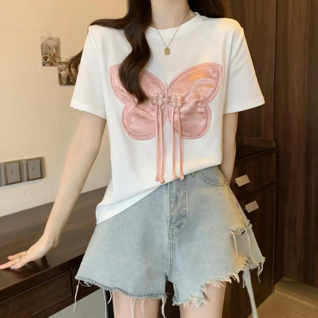 Women Summer Chinese Style Bow Black Slim O-neck Thin Short Sleeve Party Tee Shirt Women Clothing Fashion Embroidered Top Tee