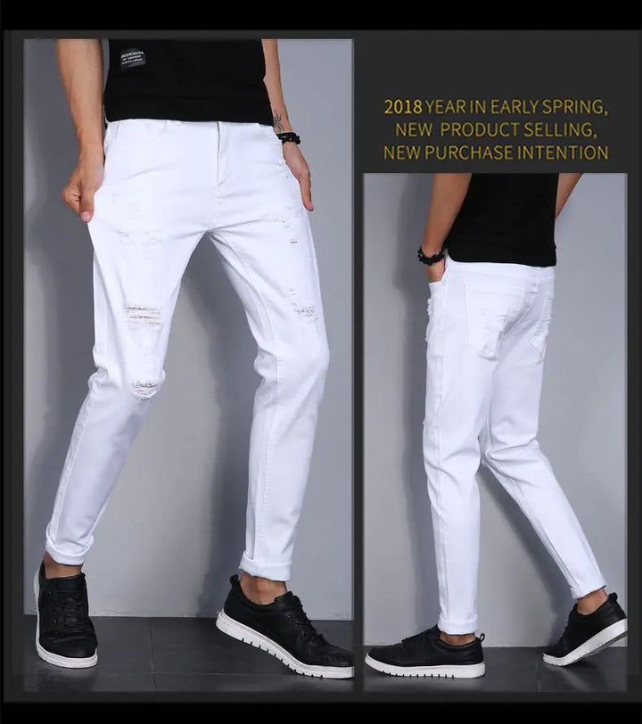 High Street Fashion Men Jeans White Elastic Stretch Skinny Jeans Korea Men Ripped Designer Hip Hop Denim Pants Hombre