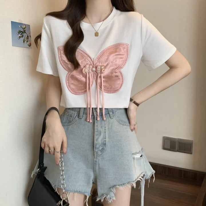 Women Summer Chinese Style Bow Black Slim O-neck Thin Short Sleeve Party Tee Shirt Women Clothing Fashion Embroidered Top Tee