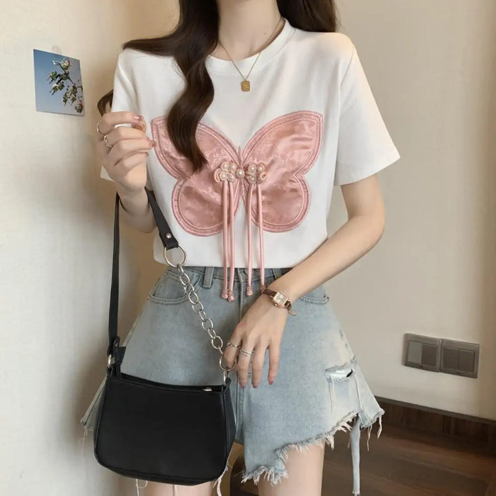 Women Summer Chinese Style Bow Black Slim O-neck Thin Short Sleeve Party Tee Shirt Women Clothing Fashion Embroidered Top Tee