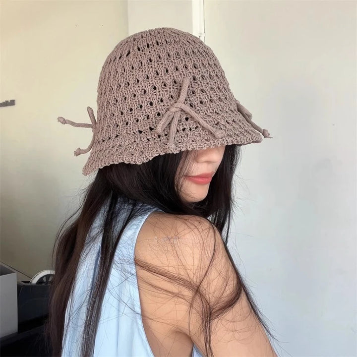 Ins Sweet Bow Hollow Bucket Hats for Women and Men Spring Summer Fashion Versatile Show Face Small Cute Dome Basin Caps