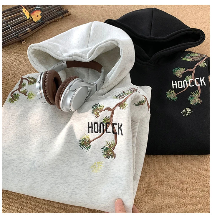 Retro Men Hoodies Letter Embroidered Oversized Hoodie Fashion Loose Pullover Hip Hop Hooded Sweatshirt Man Women Clothing