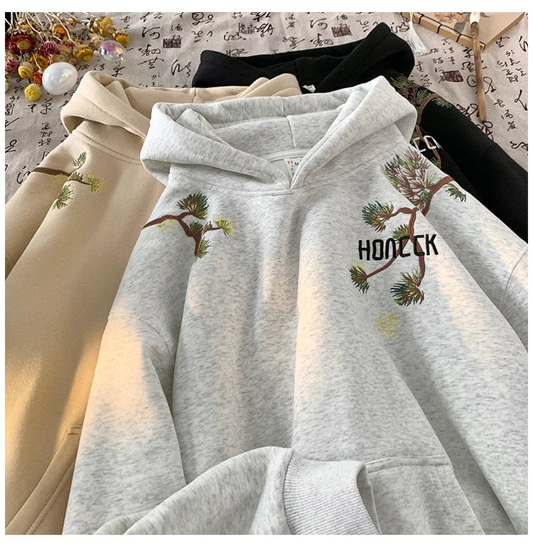 Retro Men Hoodies Letter Embroidered Oversized Hoodie Fashion Loose Pullover Hip Hop Hooded Sweatshirt Man Women Clothing