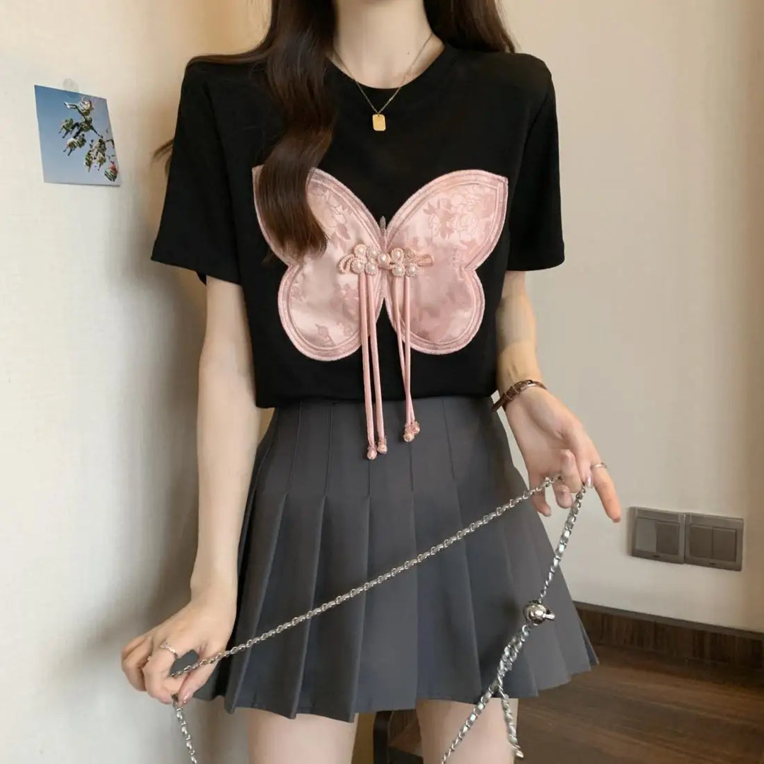 Women Summer Chinese Style Bow Black Slim O-neck Thin Short Sleeve Party Tee Shirt Women Clothing Fashion Embroidered Top Tee