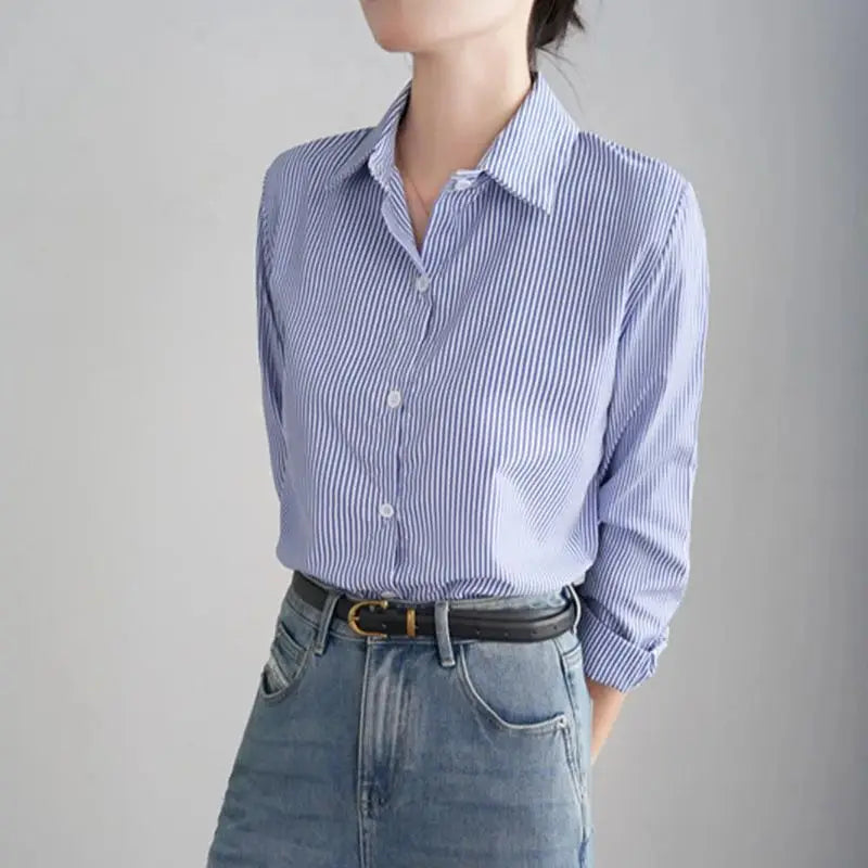 Women Blue Striped Loose Spring Autumn Casual Long Sleeves Shirt