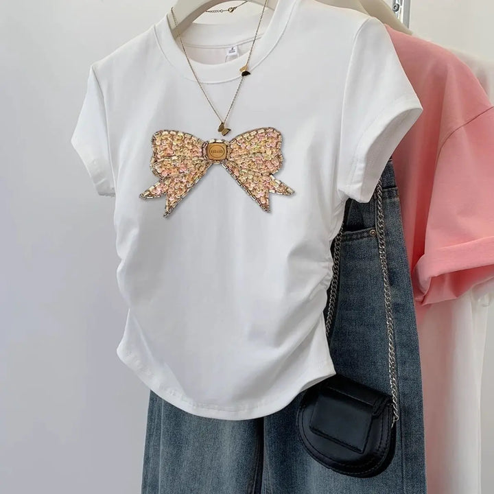 Women Trendy Ruched Bow Print Cute Sweet Chic Short Sleeve T-shirt Summer Casual O Neck Slim Cotton Basic Tops Ropa Para Mujer