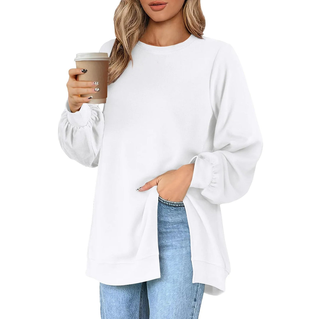 Harajuku Style Solid Color Fashion Round Neck Button Split Sweatshirt Basic Streetwear Loose Long Sleeve Top For Girls