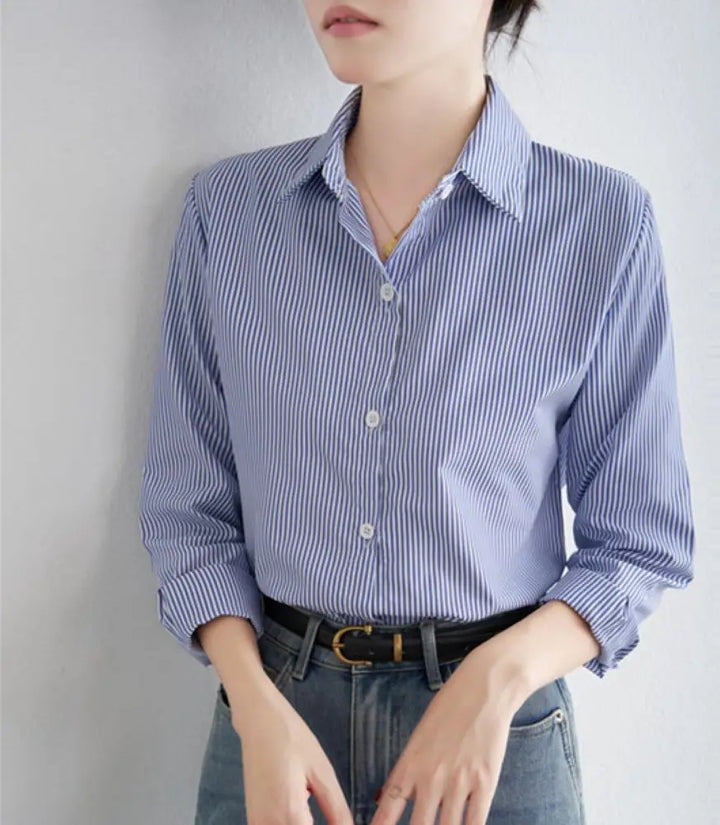 Women Blue Striped Loose Spring Autumn Casual Long Sleeves Shirt