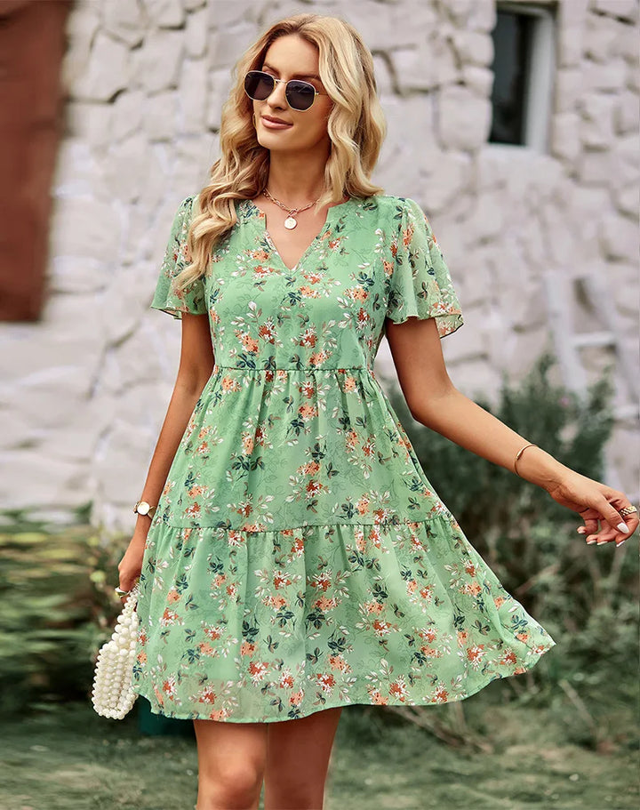 High Quality 2024 Spring Summer Stand Up Collar V-neck Chiffon Printed A-line Dress with Flying Sleeves Elegant Dress Vestidos