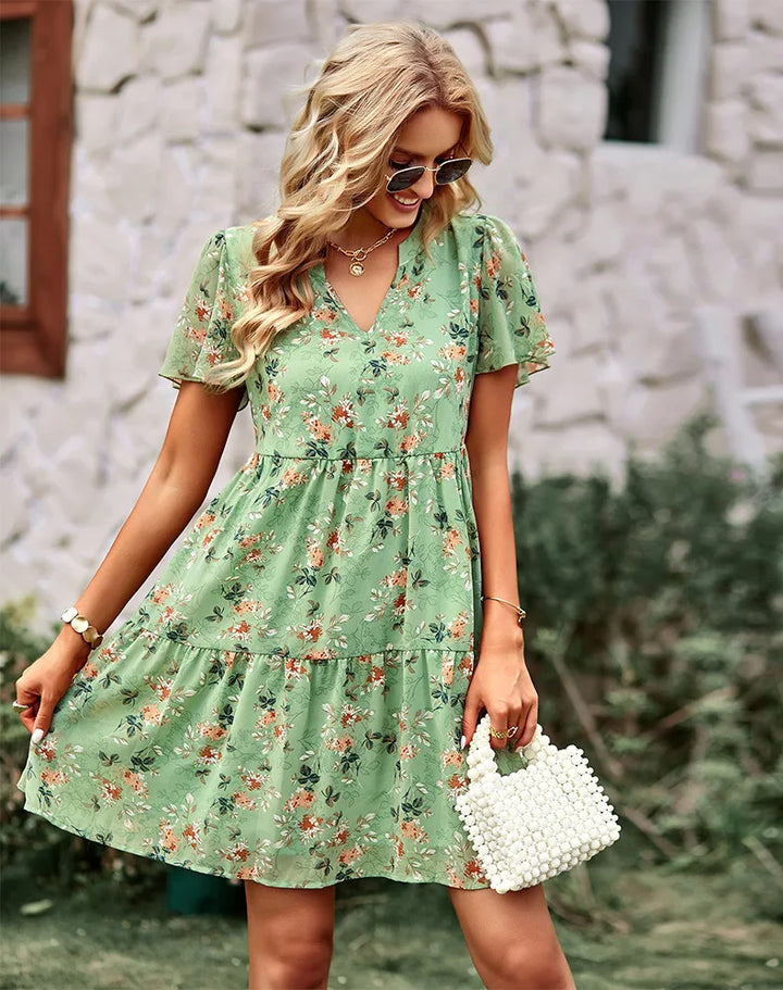 High Quality 2024 Spring Summer Stand Up Collar V-neck Chiffon Printed A-line Dress with Flying Sleeves Elegant Dress Vestidos