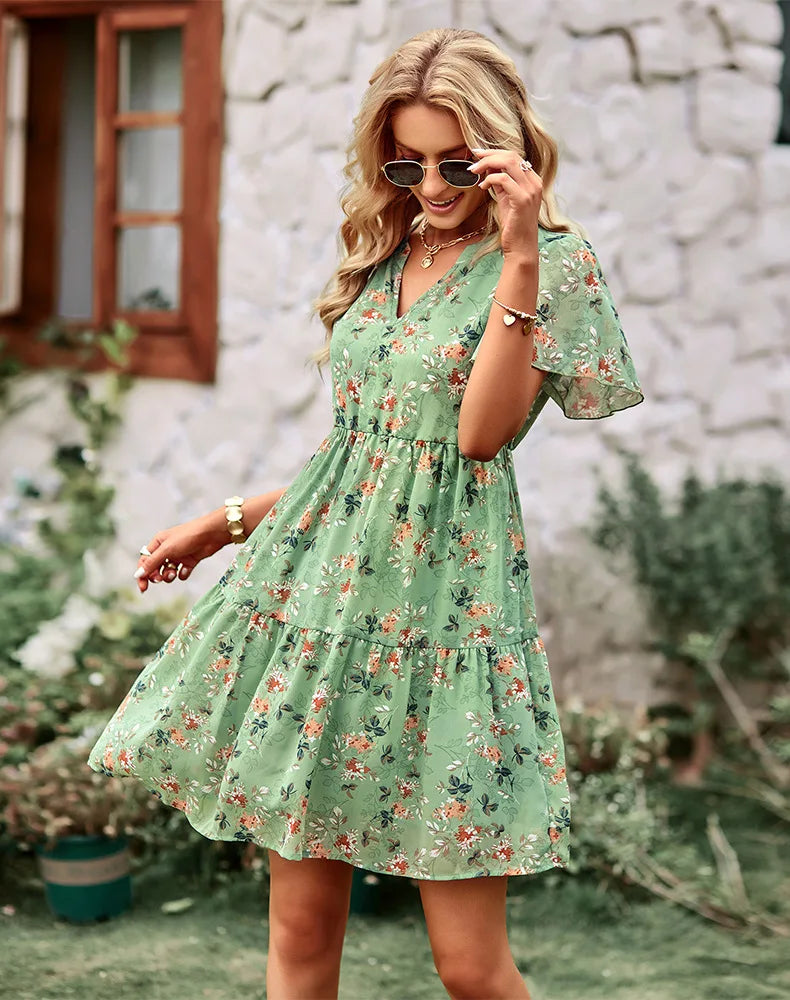 High Quality 2024 Spring Summer Stand Up Collar V-neck Chiffon Printed A-line Dress with Flying Sleeves Elegant Dress Vestidos