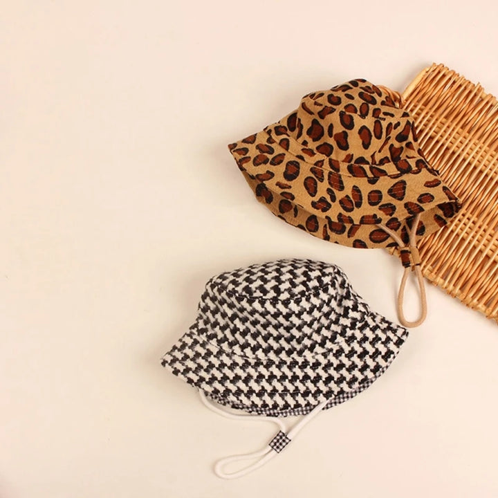 Fashion Leopard Baby Bucket Hat Summer Big Brim Kids  Hats Adjustable Drawstring Beach Cap Panama  Protection Caps