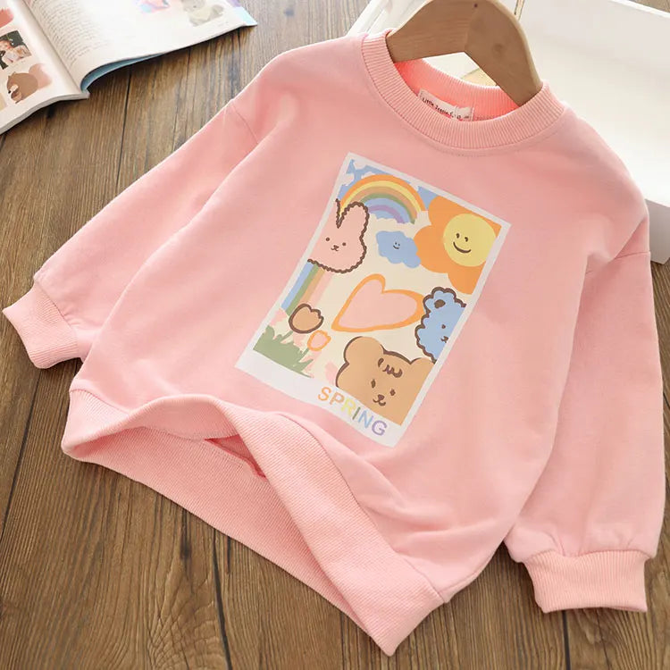 Girls Cartoon Cute Casual Round Neck Hoodie Childrens Girls Clothing For Autumn Cotton Versatile Fashion Kids Girl Pullover Top