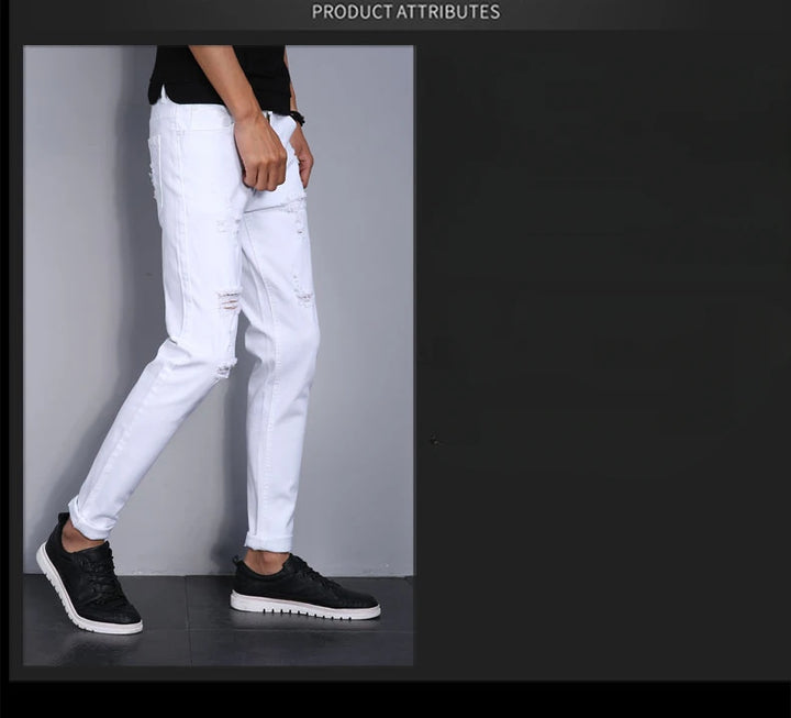 High Street Fashion Men Jeans White Elastic Stretch Skinny Jeans Korea Men Ripped Designer Hip Hop Denim Pants Hombre