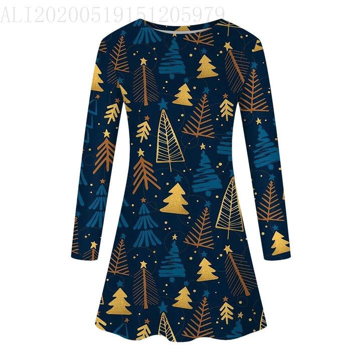 Winter Christmas Tree Party Dresses Women Cute Elk Print A-Line Dress Autumn Long Sleeve Casual Clothing Oversized Ladies Dress