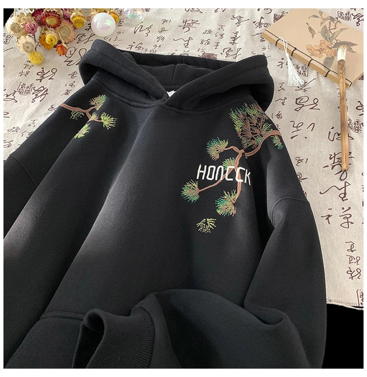 Retro Men Hoodies Letter Embroidered Oversized Hoodie Fashion Loose Pullover Hip Hop Hooded Sweatshirt Man Women Clothing