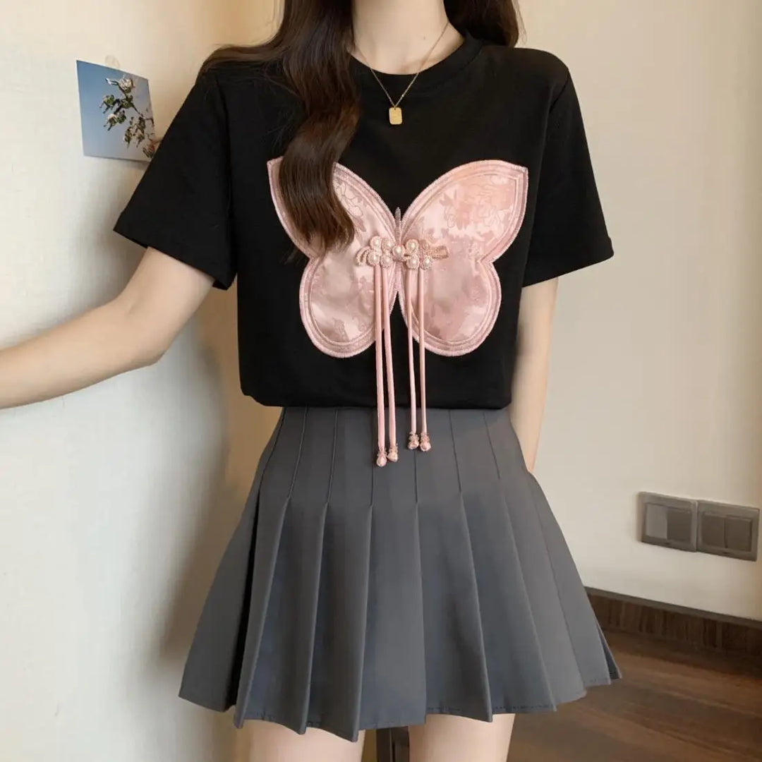 Women Summer Chinese Style Bow Black Slim O-neck Thin Short Sleeve Party Tee Shirt Women Clothing Fashion Embroidered Top Tee