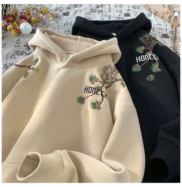 Retro Men Hoodies Letter Embroidered Oversized Hoodie Fashion Loose Pullover Hip Hop Hooded Sweatshirt Man Women Clothing