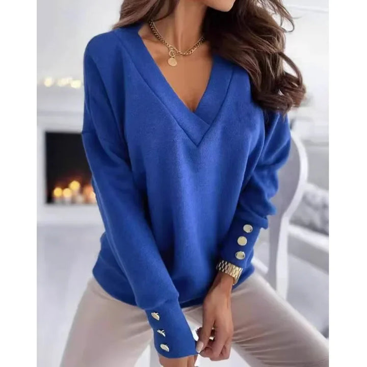 Woman Tops Autumn Loose Pullover Cotton Casual V-Neck Blouse