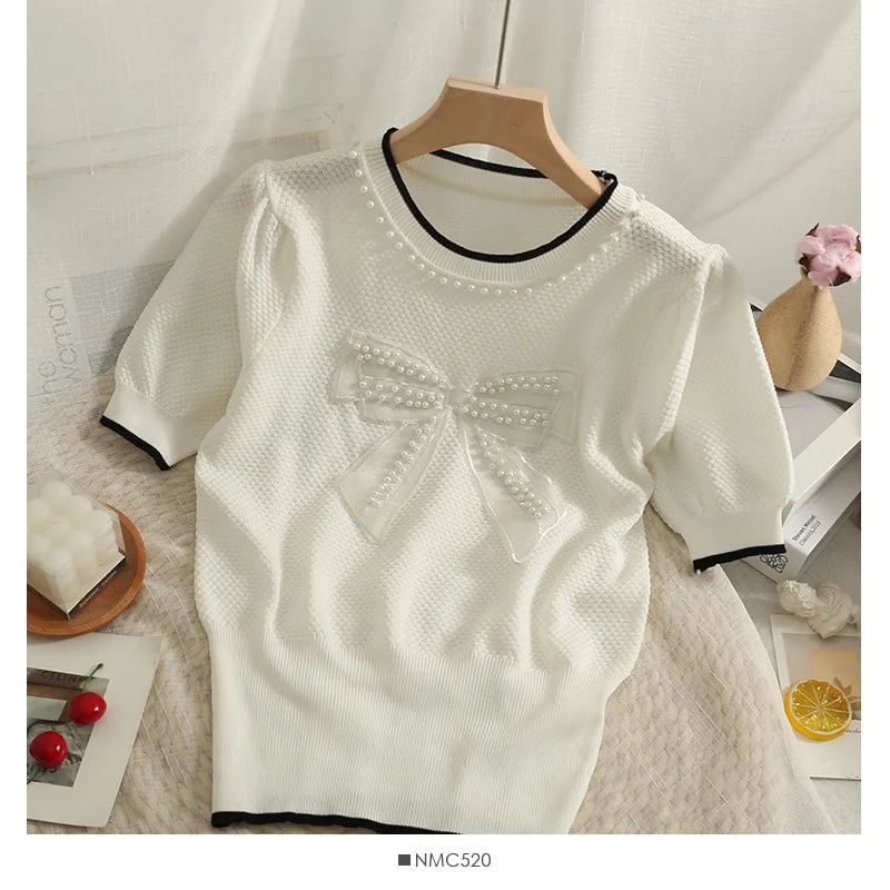 Korean version nail bead mesh bow round neck short sleeve top women's 2022 new waist closing thin knitted T-shirt