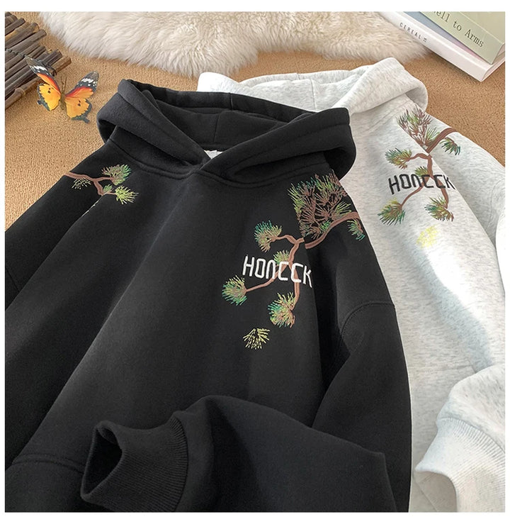 Retro Men Hoodies Letter Embroidered Oversized Hoodie Fashion Loose Pullover Hip Hop Hooded Sweatshirt Man Women Clothing