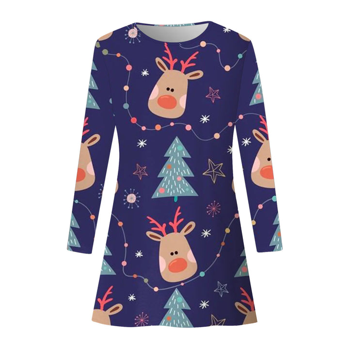 Winter Christmas Tree Party Dresses Women Cute Elk Print A-Line Dress Autumn Long Sleeve Casual Clothing Oversized Ladies Dress