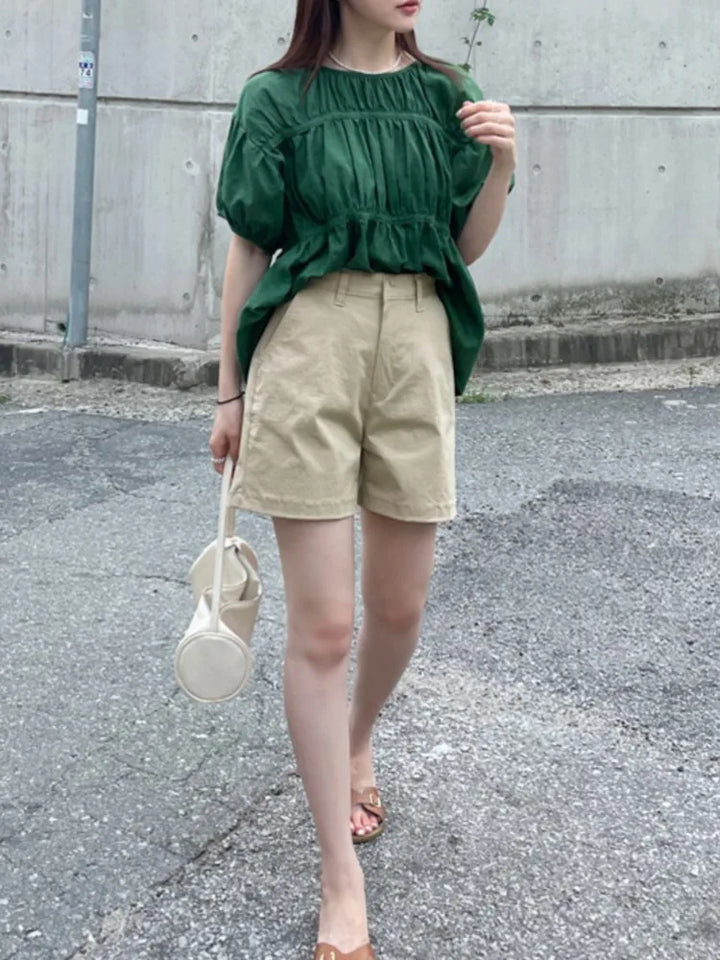 Summer Pullover T-Shirts Tops Women Loose Ruffle Pleated Fashion Ladies Cropped Blouses Casual Short Sleeve Korean Woman Tops