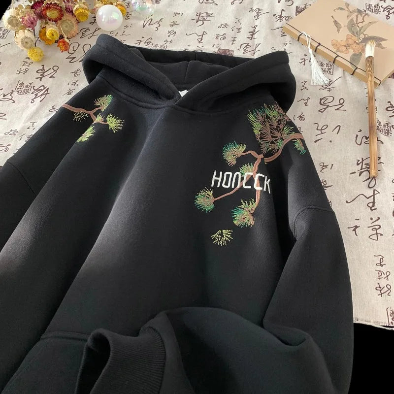 Retro Men Hoodies Letter Embroidered Oversized Hoodie Fashion Loose Pullover Hip Hop Hooded Sweatshirt Man Women Clothing