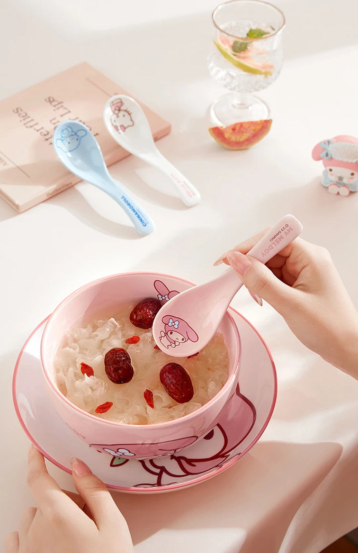 MINISO Sanrio Tableware Cinnamoroll Bowl Spoon Plate Children's Cute Ceramic Tableware Kitchen Utensil Set Food Storage Gifts